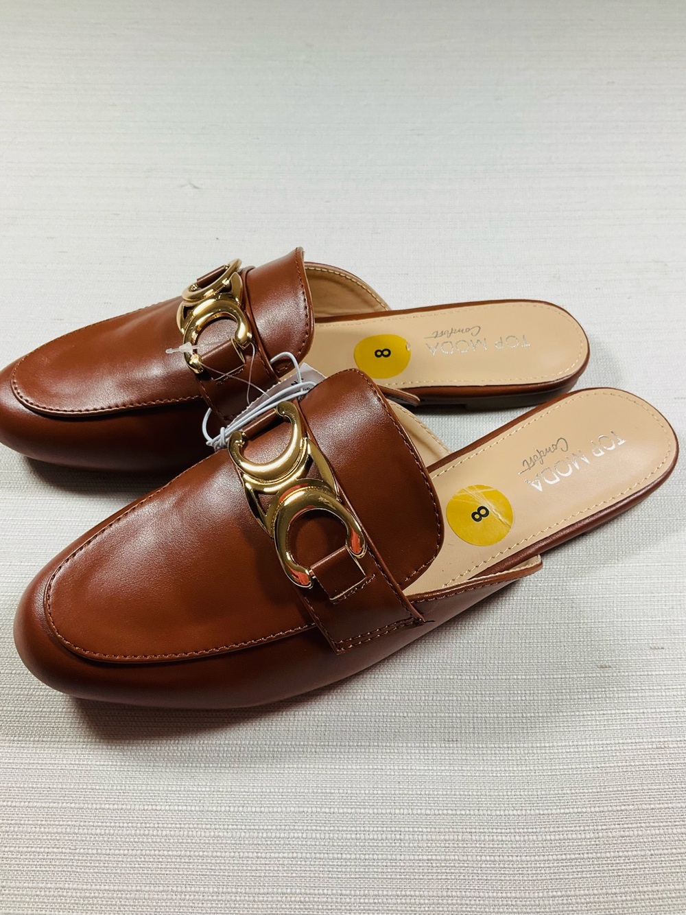 NEW TOP MODA Comfort Brown Slip-On Flat Loafer Gold Buckle Hardware Women’s 8